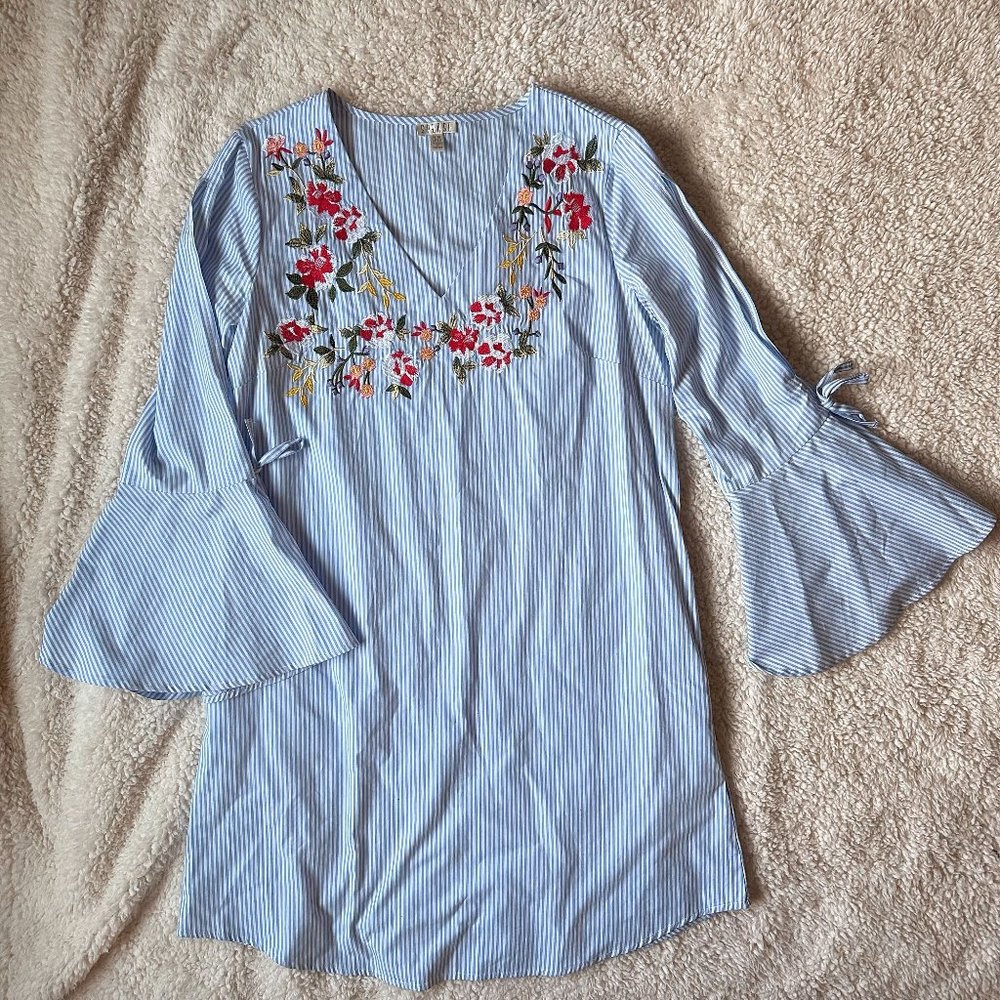 Spense Striped Floral Embroidered Shirt Dress NWOT